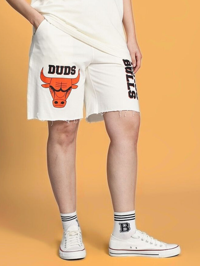 WOMEN'S BLAZE BULLS PRINT REGULAR FIT SHORTS (OFF WHITE)
