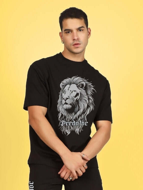 Black Predator Legend T-shirt with lion print on model, 100% cotton, premium heavy gauge fabric, 200 GSM, bio-washed, India-made.