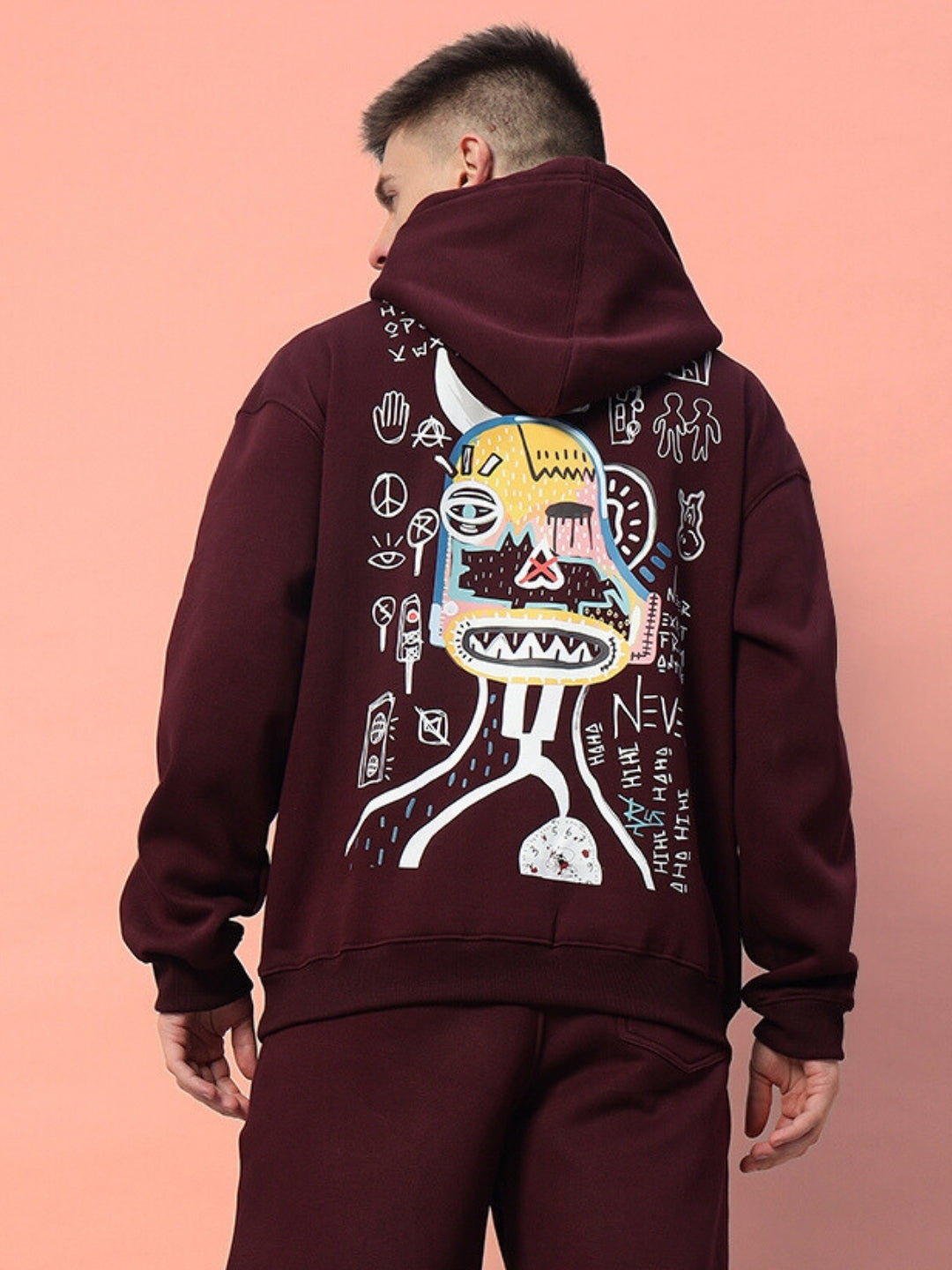 Jumbled fleece co-ord in wine color with artistic back design, featuring unique graphics for a trendy streetwear look.