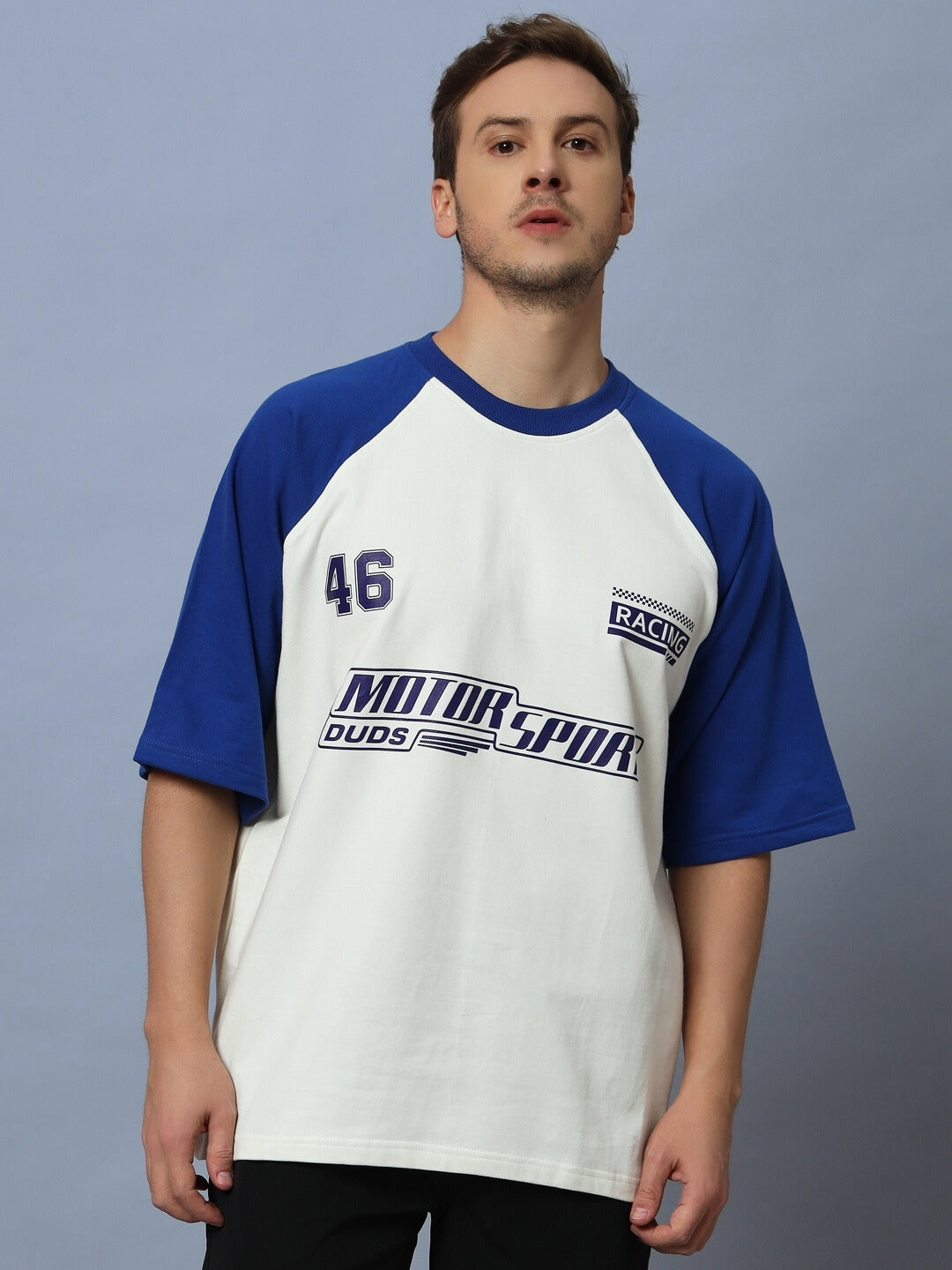 Motor Sport Raglan Oversized T-Shirt (Off White-Blue)