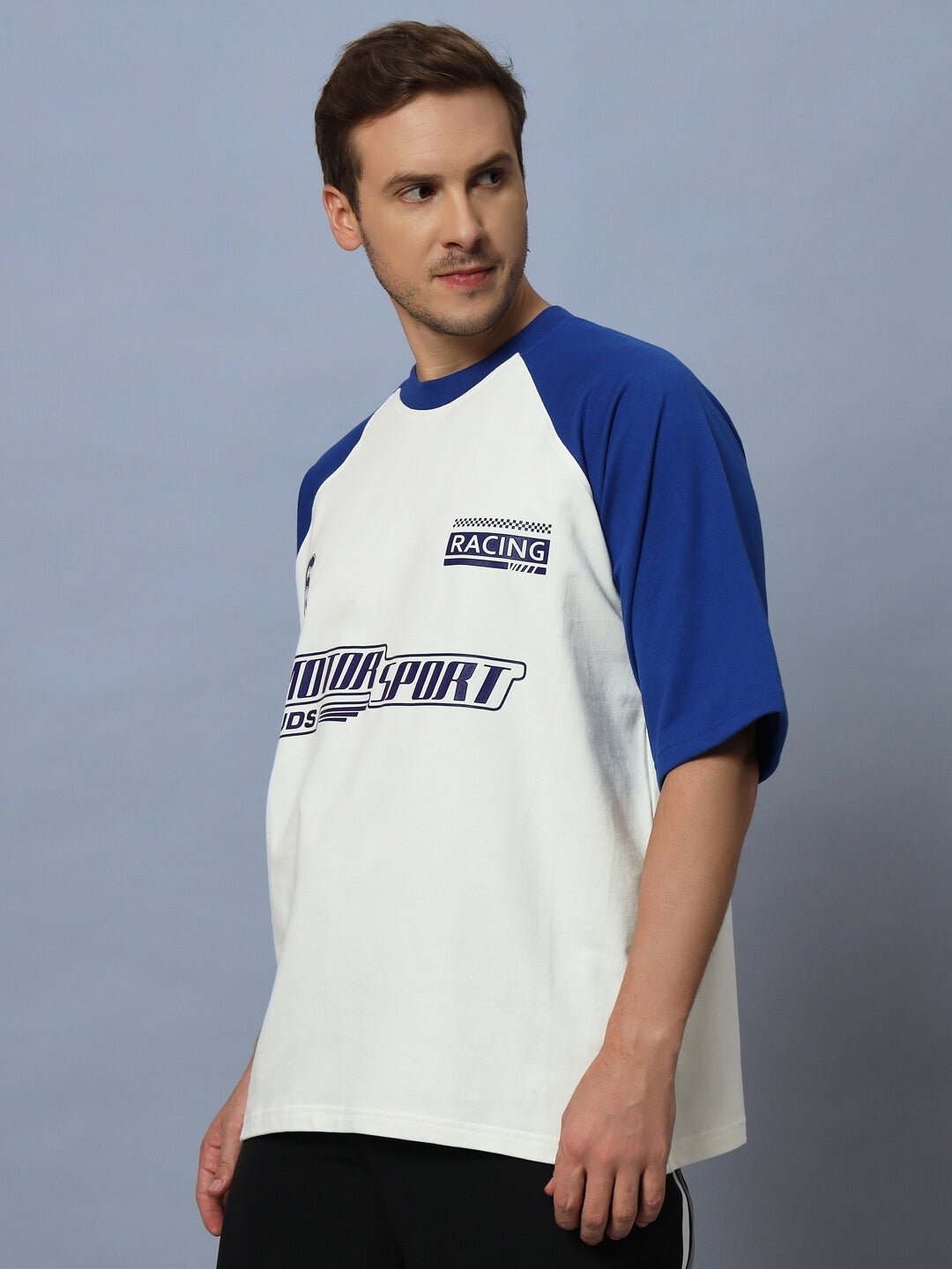 Motor Sport Raglan Oversized T-Shirt (Off White-Blue)