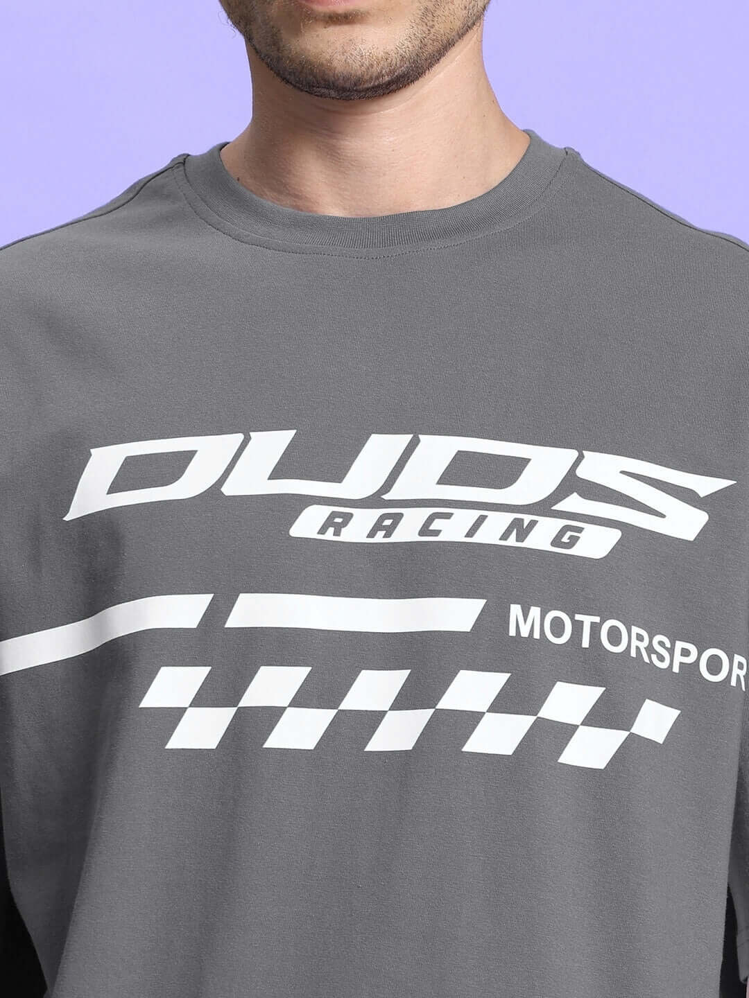 Grey oversized classic t-shirt with racing design, made of premium heavy gauge fabric, featuring 'Duds Racing Motorsport' graphic.