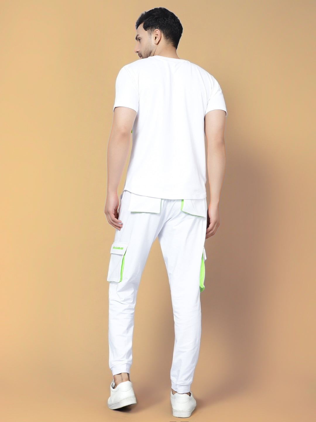 Co-Ord Set Cargo Pants with Cargo T-Shirt (White With Neon Green Highlighter)