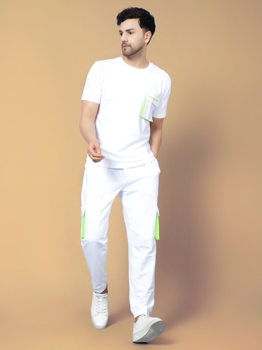 Co-Ord Set Cargo Pants with Cargo T-Shirt (White With Neon Green Highlighter)