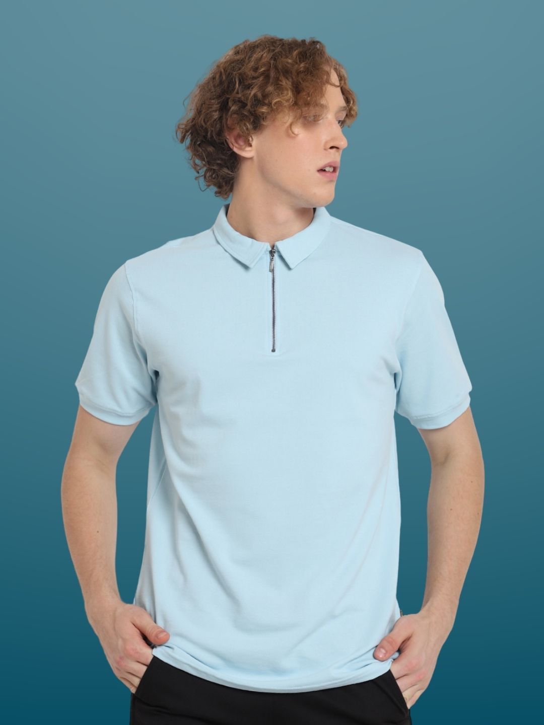 Powder Blue Polo Neck Zipper T-Shirt - Wearduds