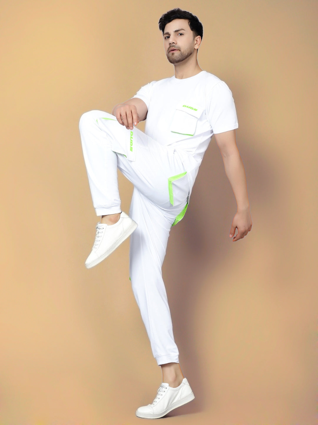 Co-Ord Set Cargo Pants with Cargo T-Shirt (White With Neon Green Highlighter)