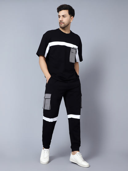 Co-Ord Set Cargo Pants with OS T-Shirt (Black With Grey Patch Pocket) - Wearduds