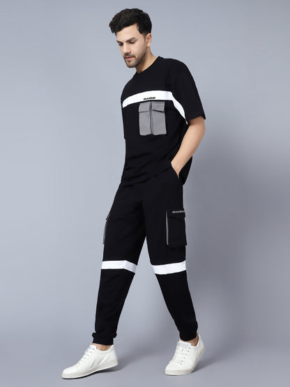 Co-Ord Set Cargo Pants with OS T-Shirt (Black With Grey Patch Pocket) - Wearduds