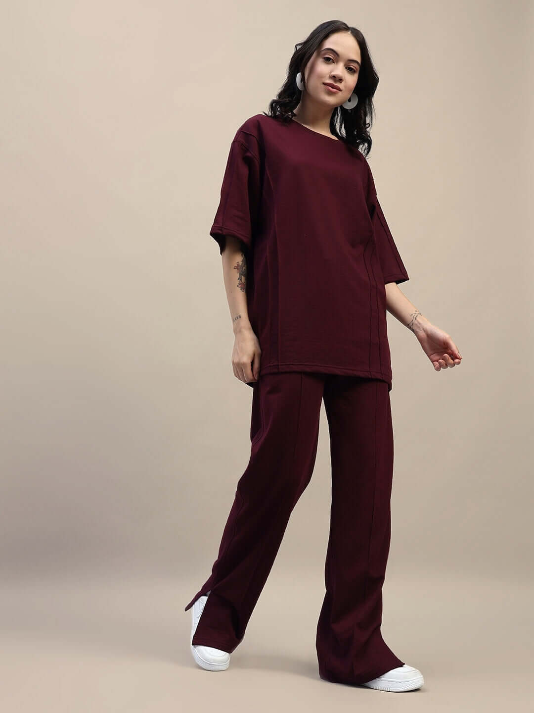 Model wearing Women's Zion Relaxed Fit Co-ord Set in maroon, featuring premium cotton fabric and comfortable elasticated waistband.