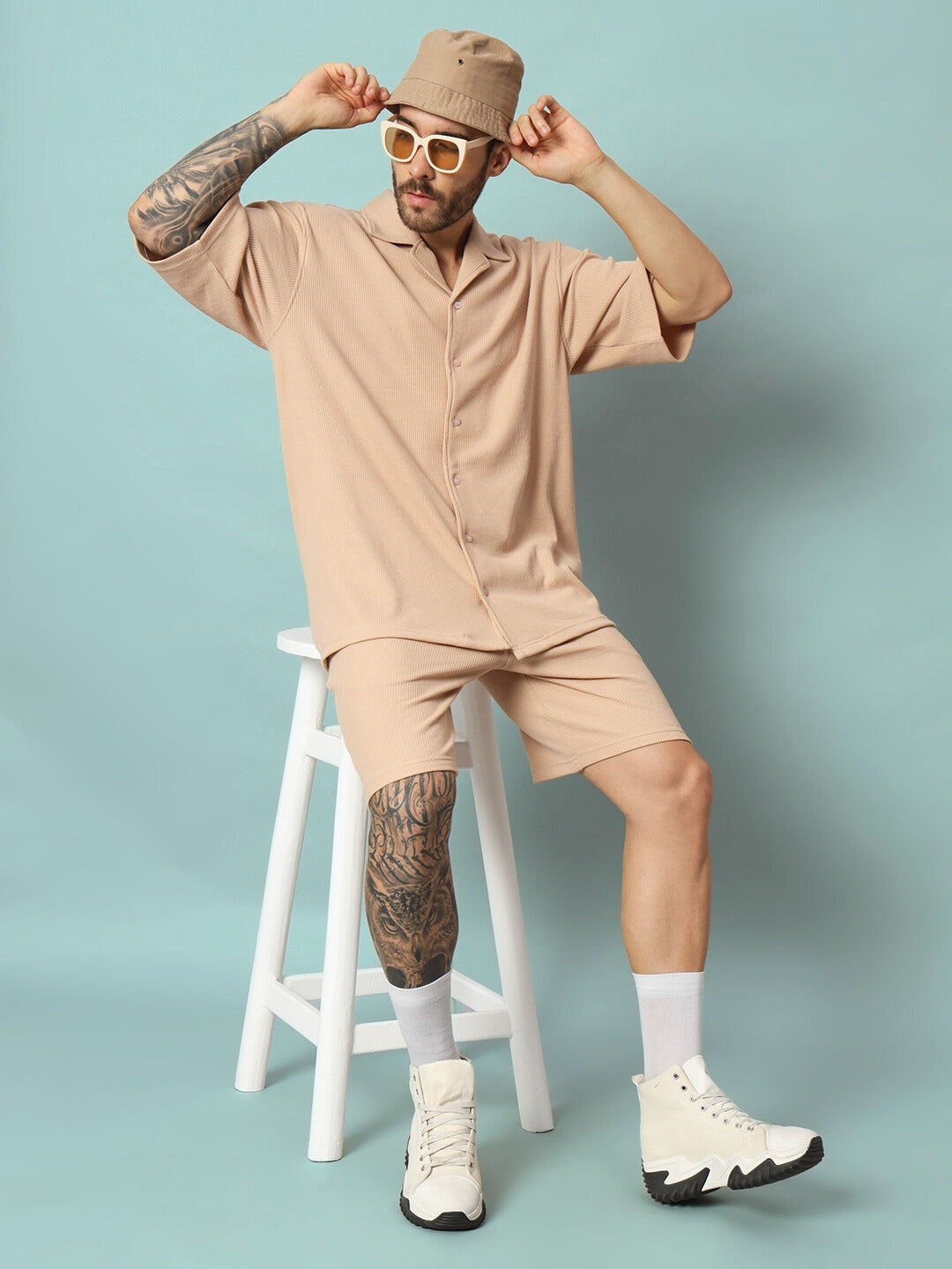 WAFFLE SOLID RESORT SHIRT CO-ORD SET (BEIGE)