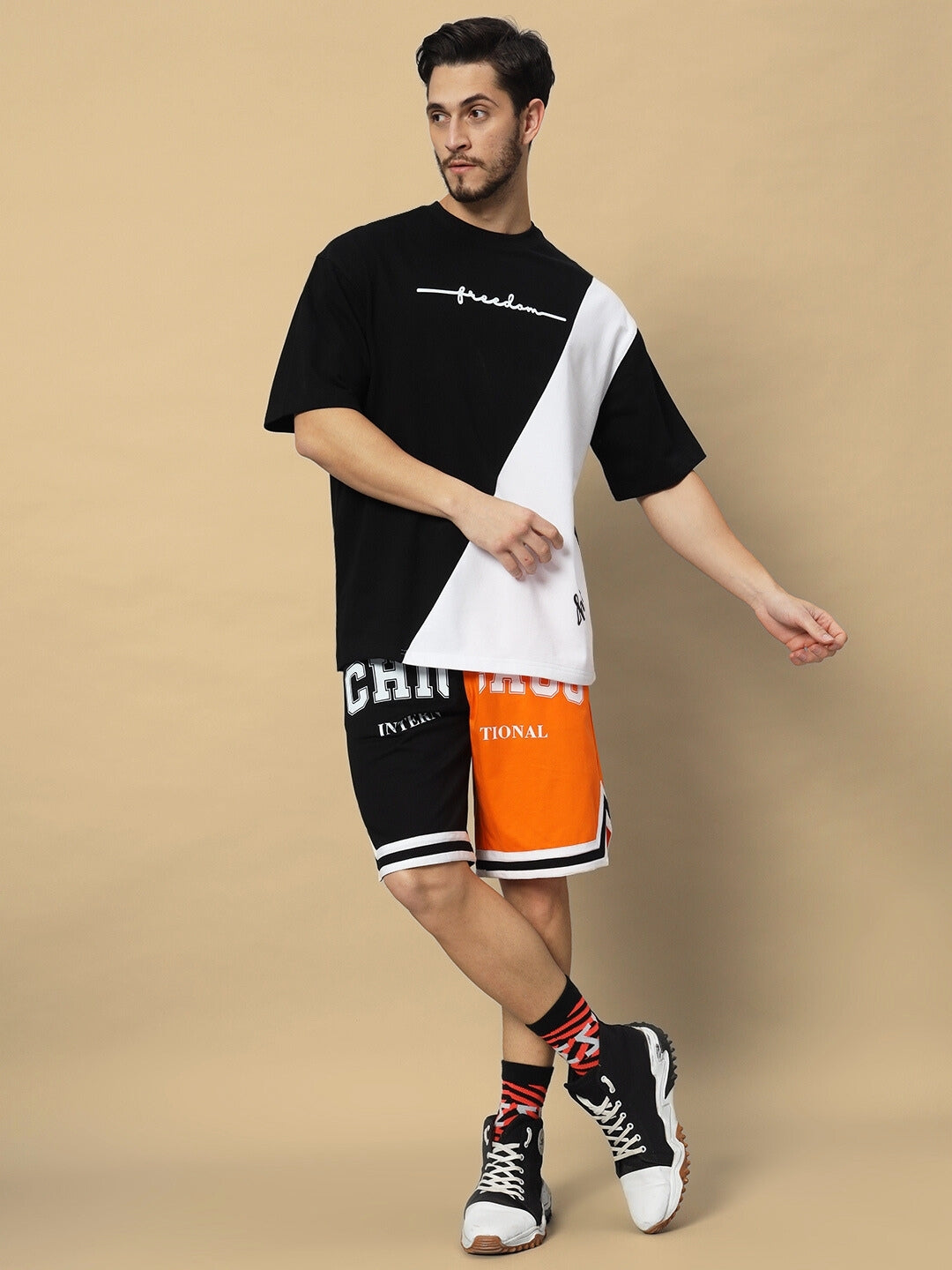 FREEDOM CONTRAST OVER-SIZED T-SHIRT (BLACK-WHITE)