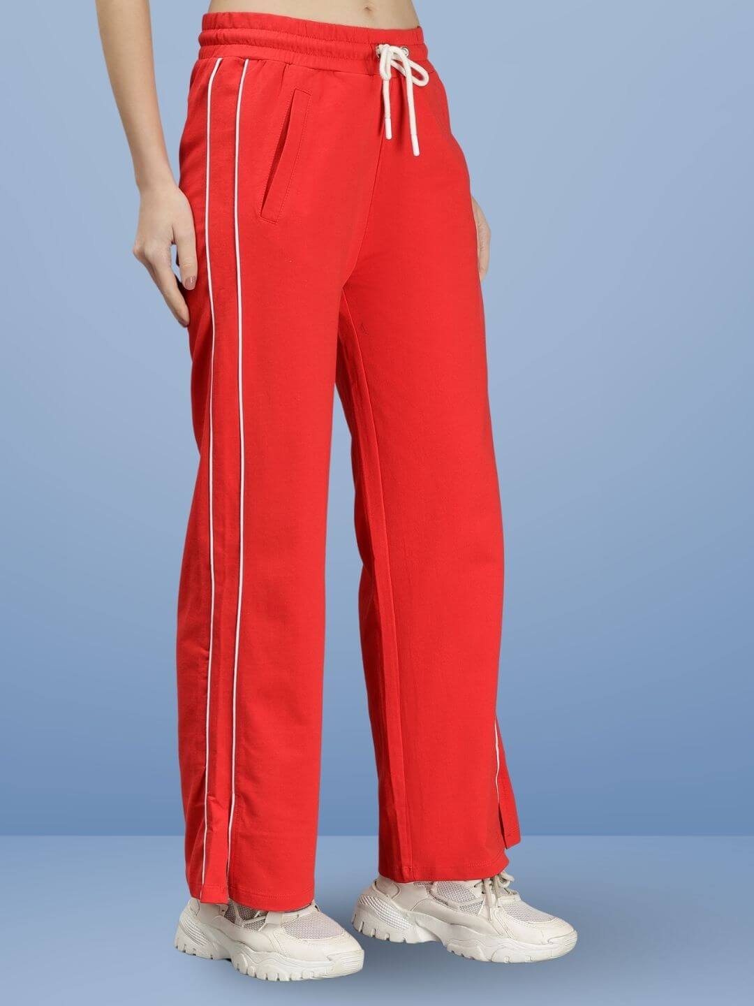 WEARDUDS RIO RELAXED FIT JOGGERS RED with white piping, displayed on a model, showcasing handmade quality and comfort.