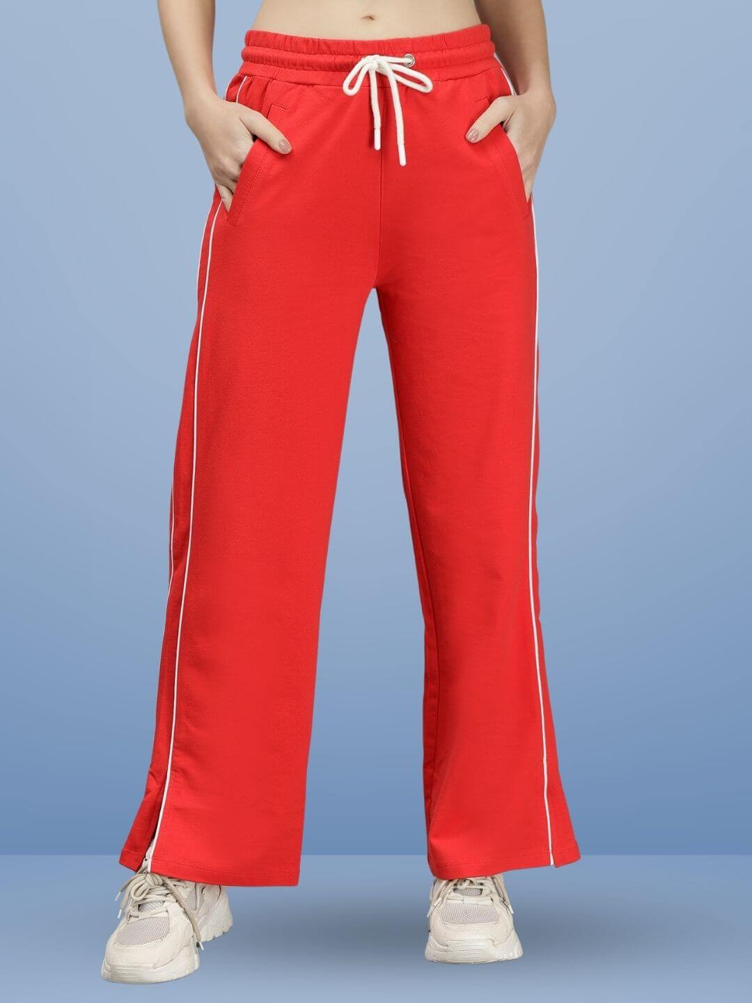 WEARDUDS RIO RELAXED FIT JOGGERS RED with white piping, handmade, shown in vibrant red.