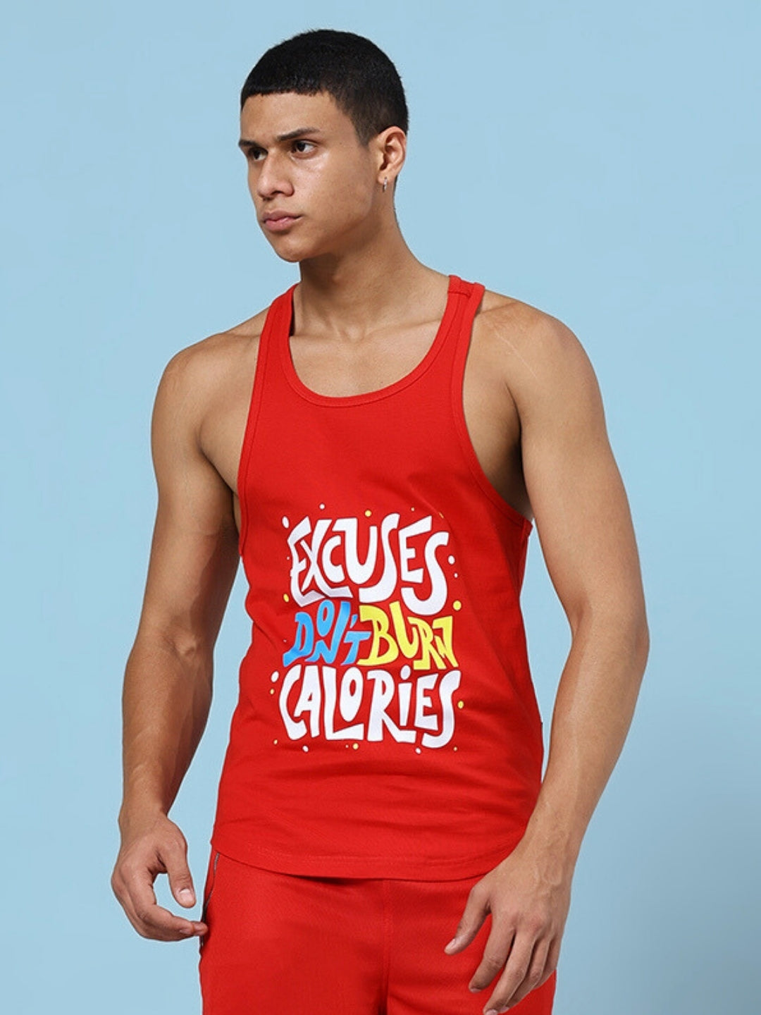 EXCUSES DON'T BURN CALORIES PRINTED GYM T-SHIRT (RED)