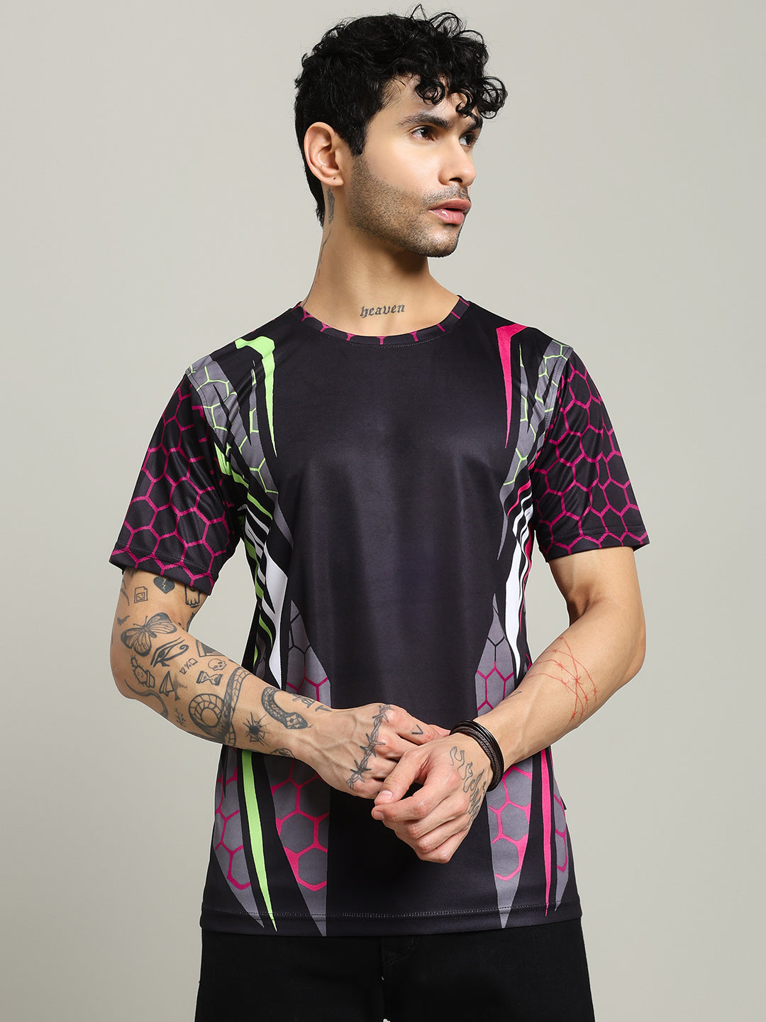 HEXAGON PRINTED REGULAR FIT T-SHIRT (BLACK)