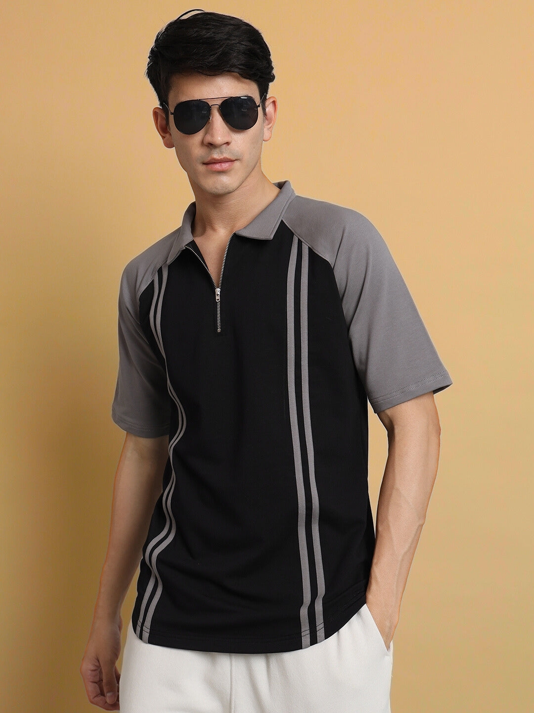 Grey Stripe Reglan T-Shirt (Black)