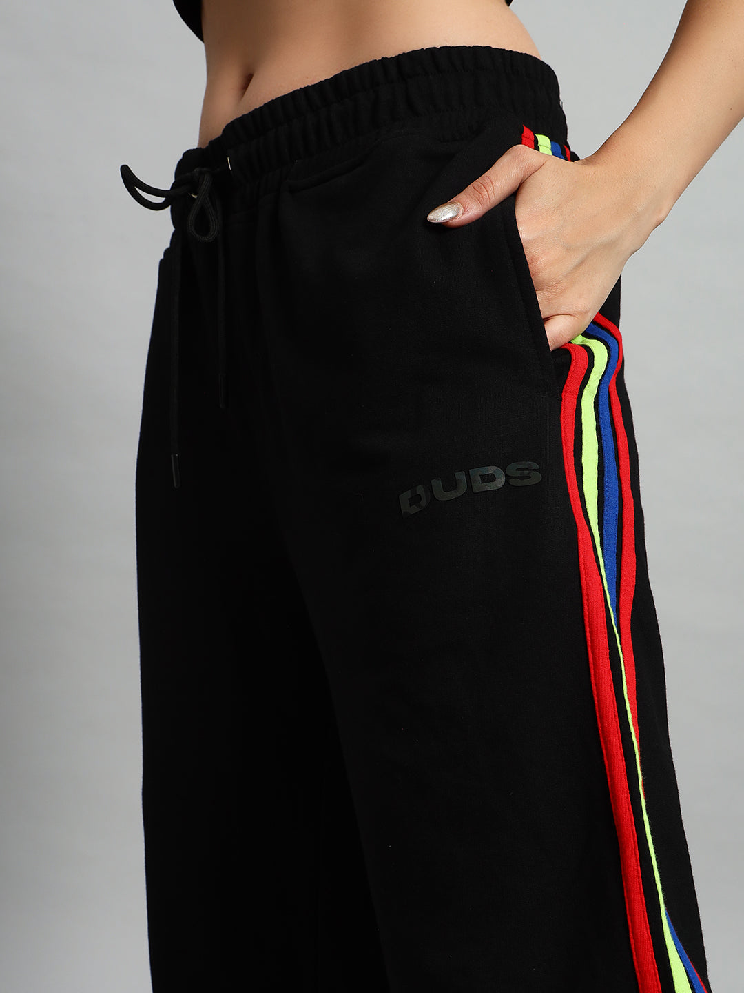 WOMEN'S DUDS RAINBOW COLORFUL STRIPE JOGGERS (BLACK)