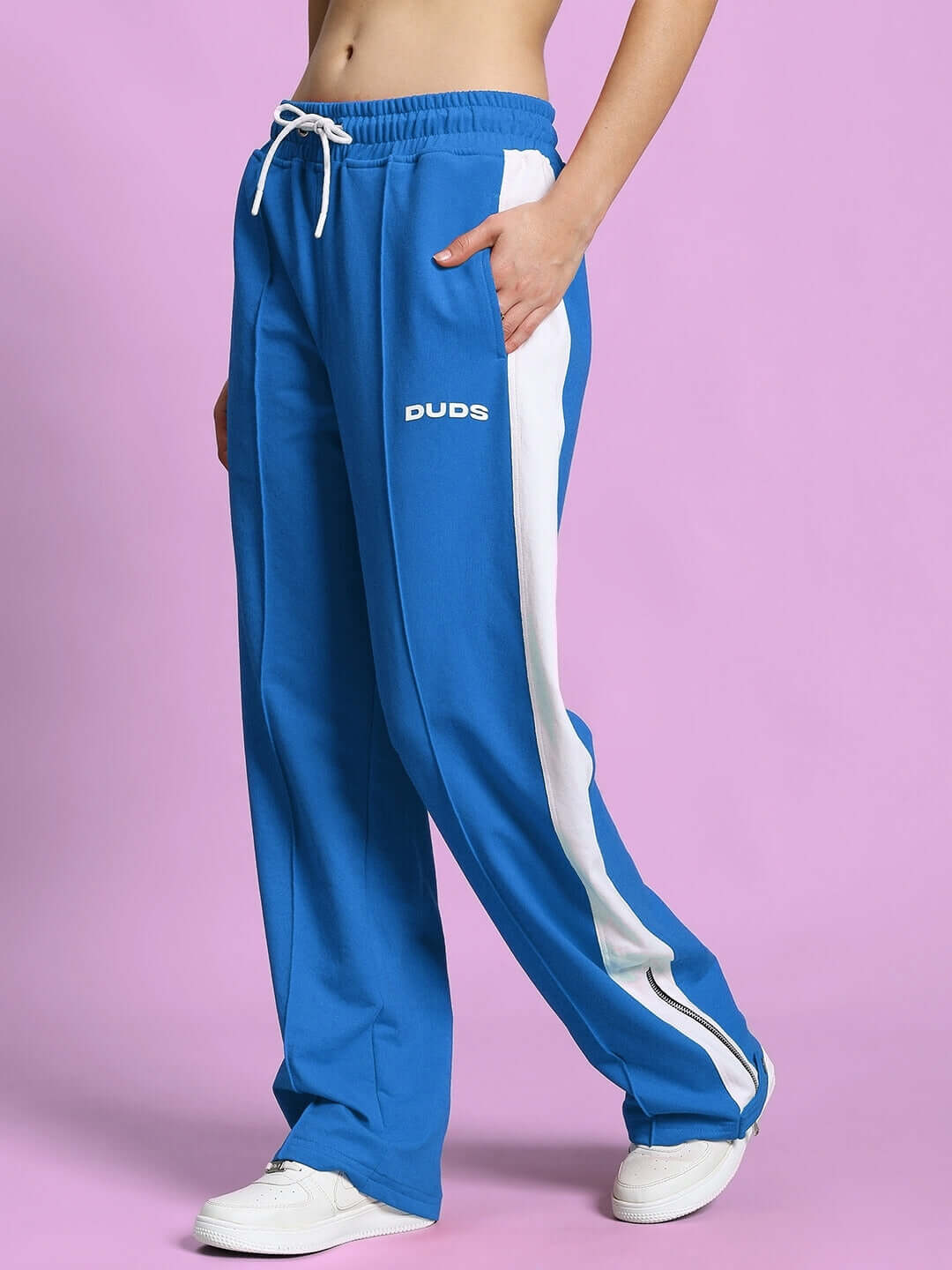 Women's blue-white zipper joggers by DUDS with side pockets and customizable sizing option.
