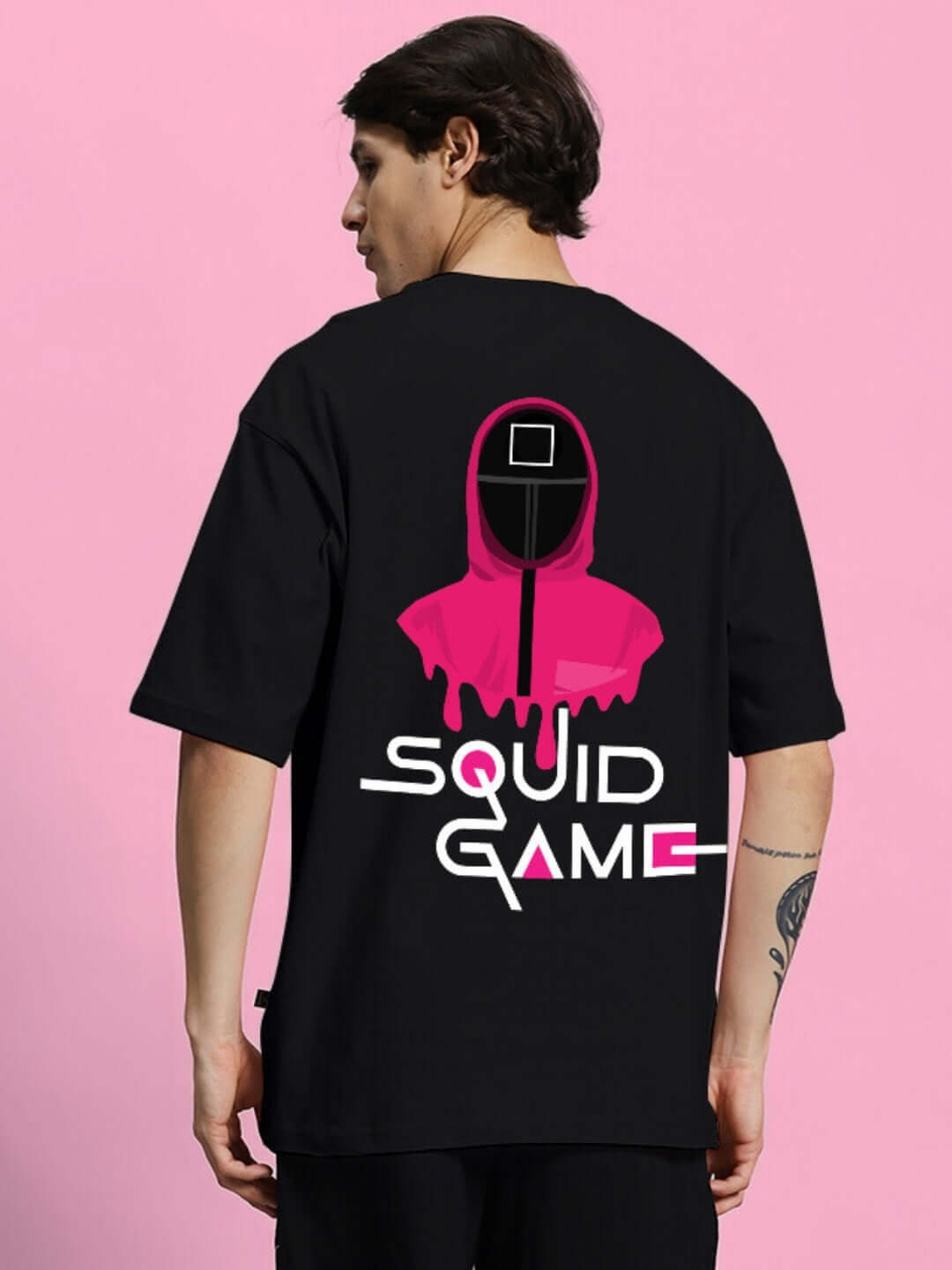 Black oversized T-shirt featuring Squid Game graphic print on the back, made of 100% cotton with premium heavy gauge fabric.