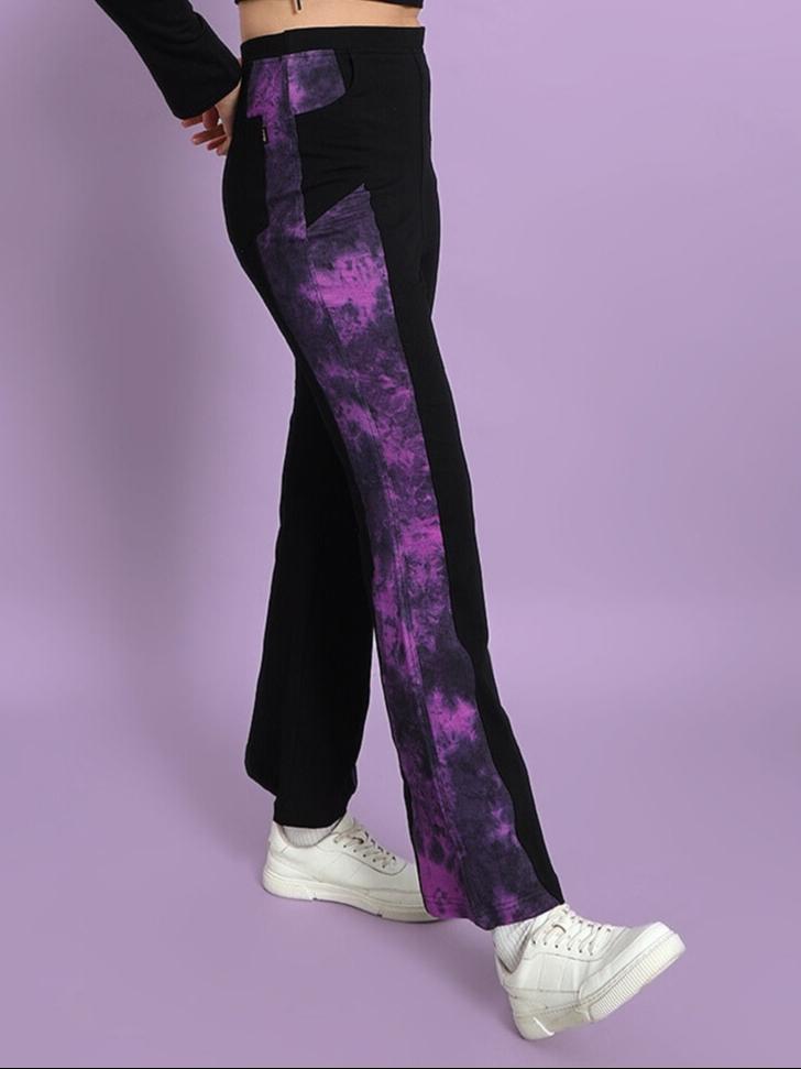 WOMEN'S VIOLA TIE DYE PANEL BOOT CUT PANT (BLACK-PURPLE)