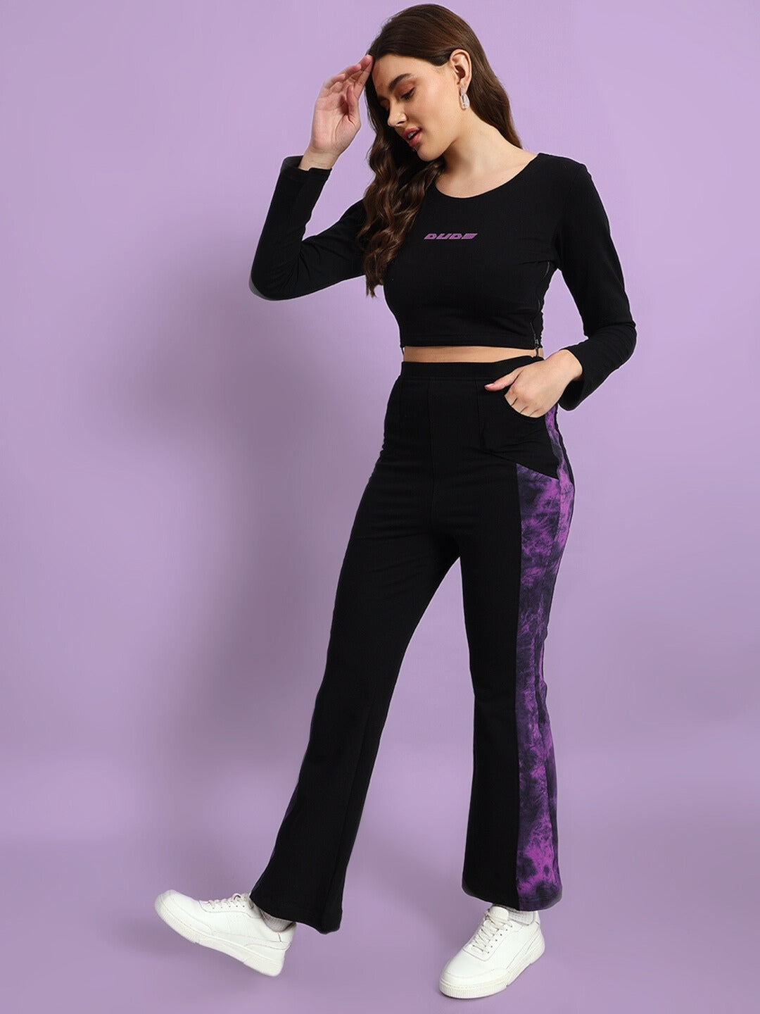 WOMEN'S VIOLA TIE DYE PANEL BOOT CUT PANT (BLACK-PURPLE)