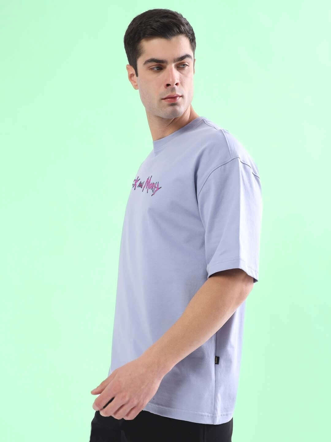 Model wearing BACK IN TIME OVER-SIZED T-SHIRT LILAC made of premium heavy gauge 100% cotton fabric.