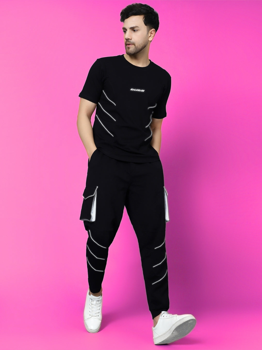 Co-Ord Set Reflective Cargo Pants with T-Shirt (Black)