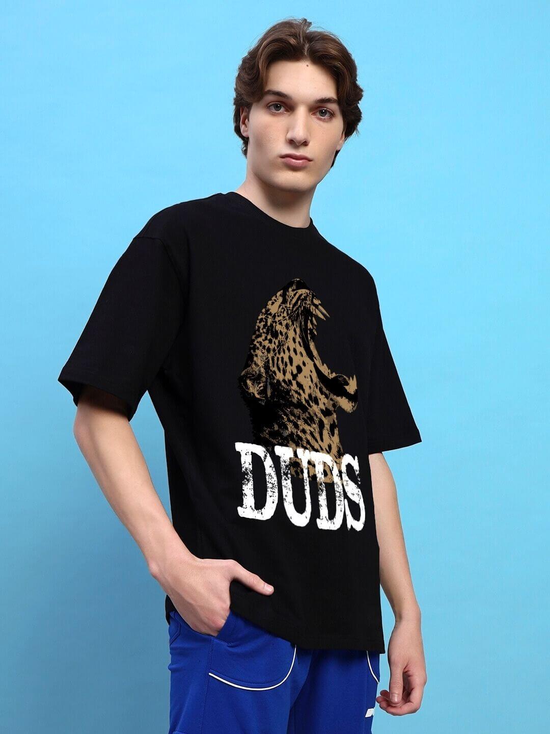 Model wearing black oversized t-shirt with roaring thunder print, featuring a fierce design and comfortable premium cotton fabric.