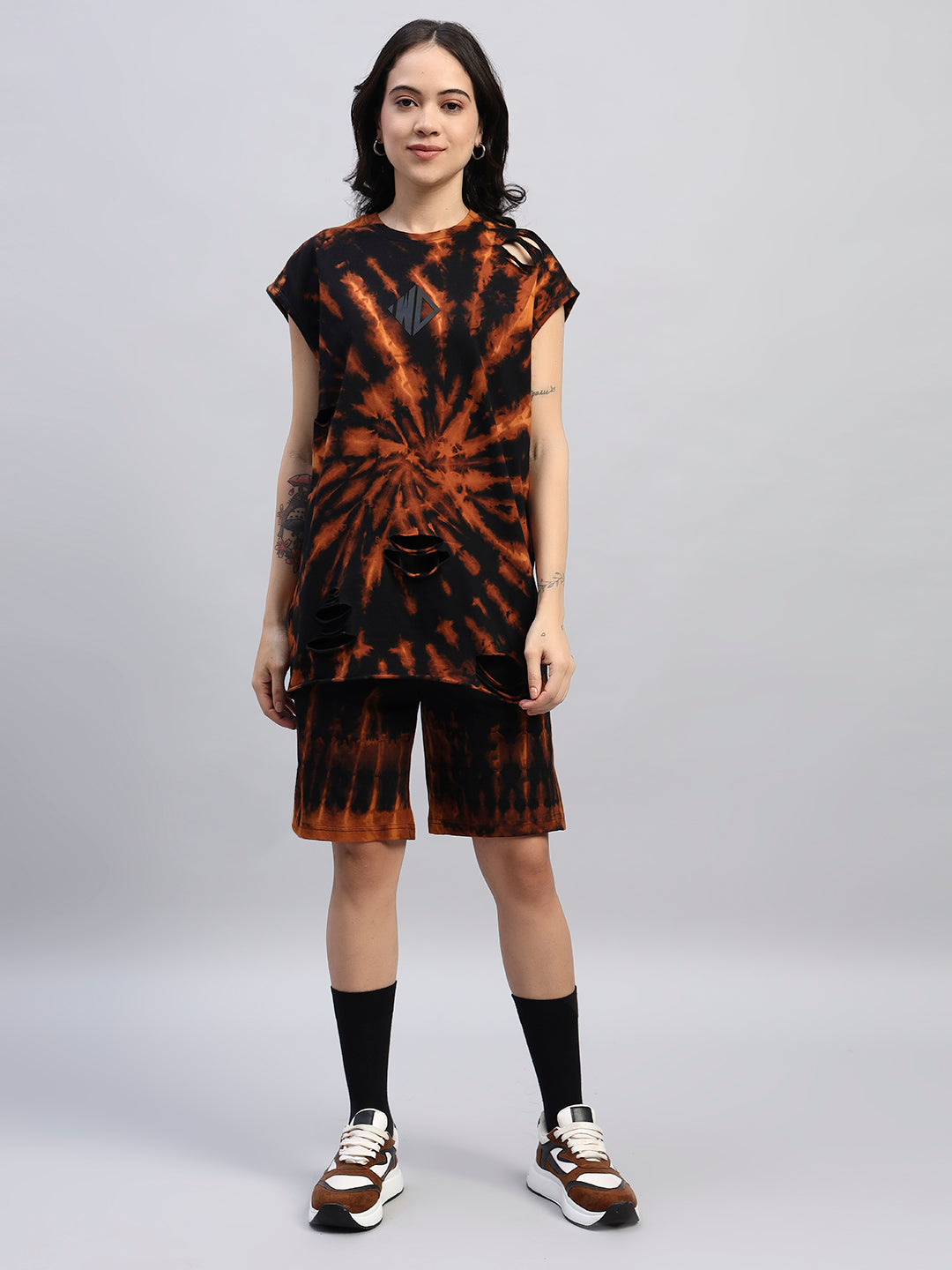 WOMEN'S MUSCLE TEE RIPPED TIE-DYE CO-ORD SET (BLACK)