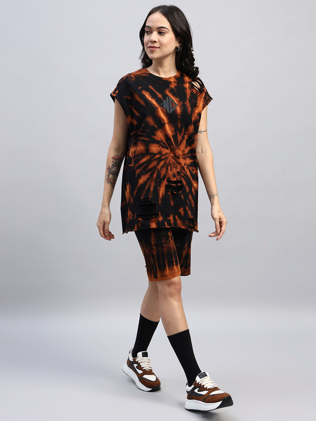 WOMEN'S MUSCLE TEE RIPPED TIE-DYE CO-ORD SET (BLACK)