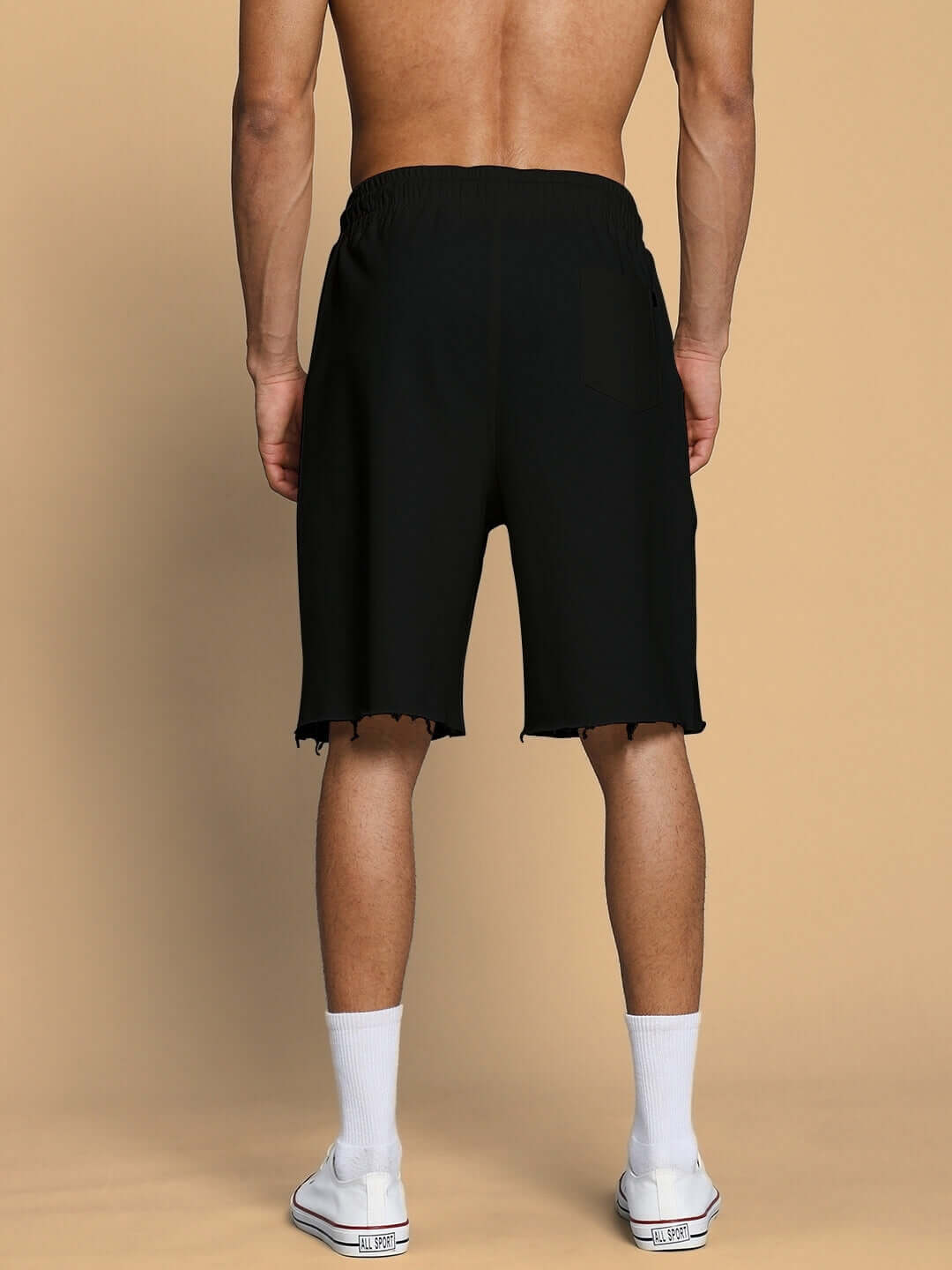 Back view of Fancy Dream Regular Fit Black Shorts, showcasing relaxed style and customizable fit options, ideal for casual wear.