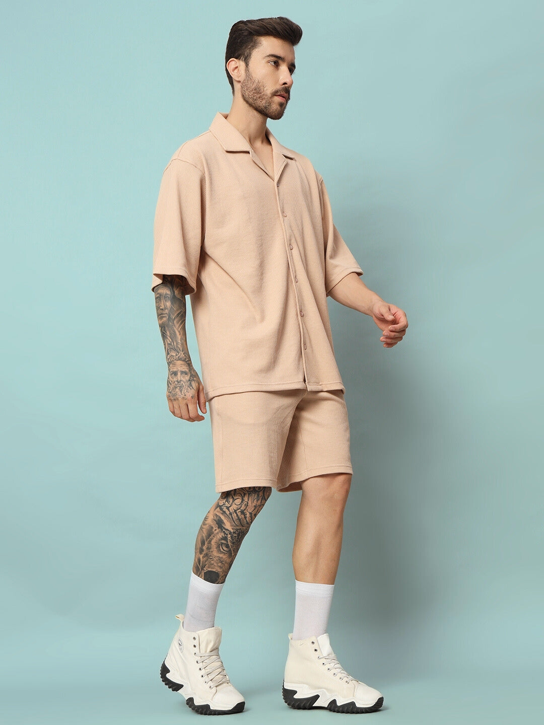 WAFFLE SOLID RESORT SHIRT CO-ORD SET (BEIGE)