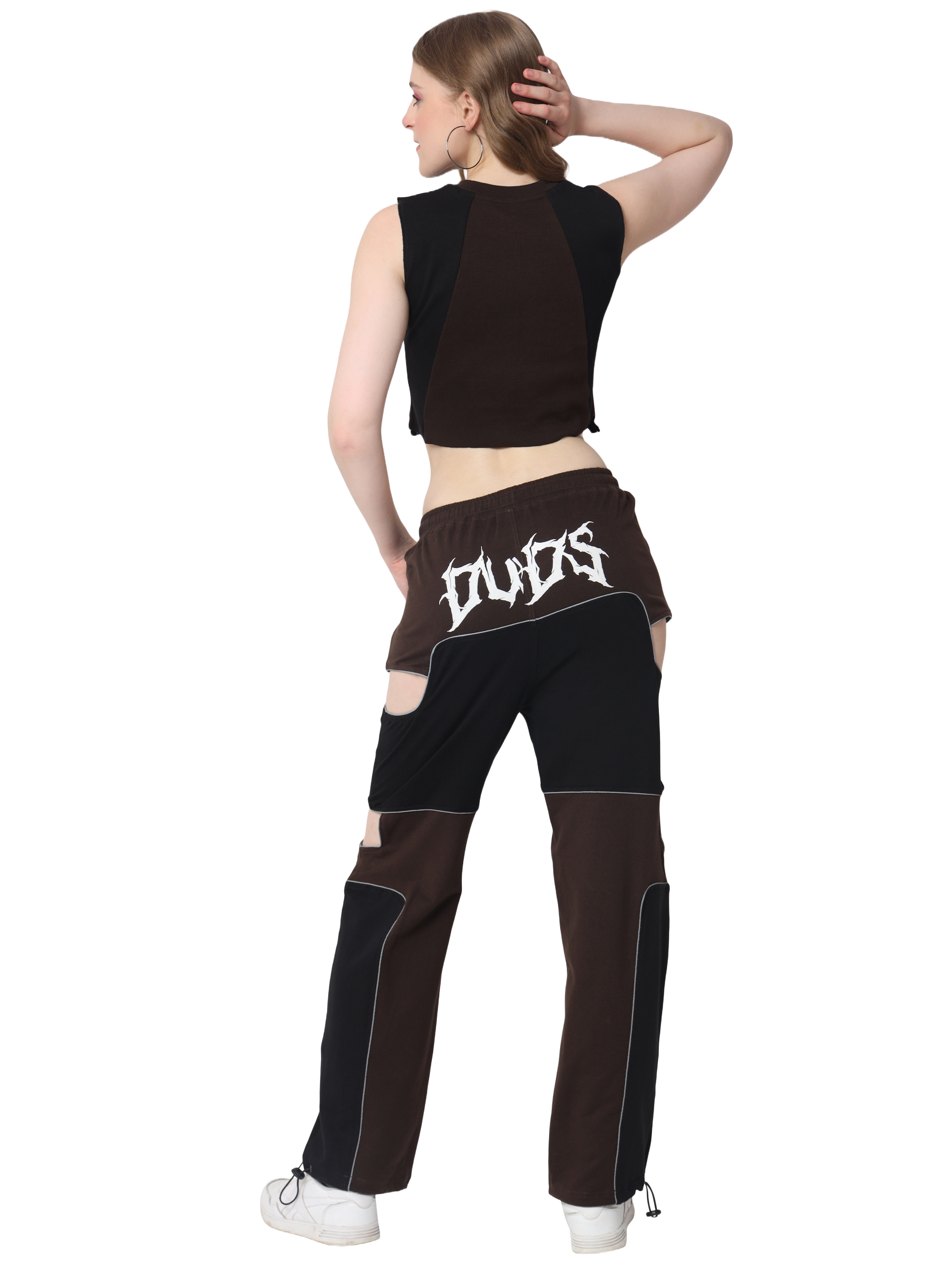 Co-Ord Set with Ribbed Crop-Top and Reflector Pants (Brown) - Wearduds