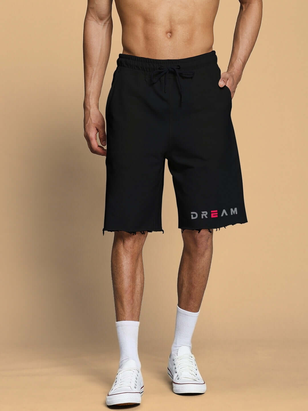 Men's Fancy Dream Regular Fit Black Shorts with customizable size, showcased with drawstring and stylish hem detailing.