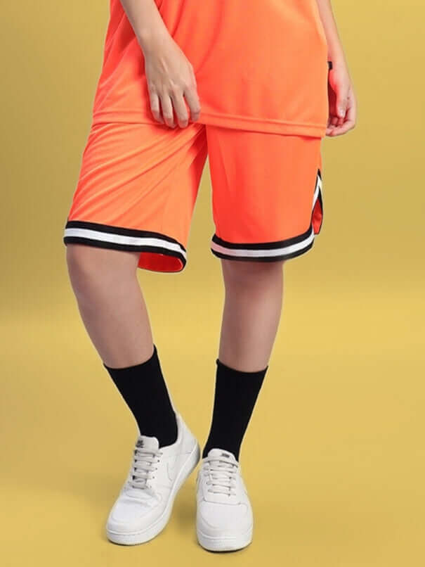 Women's orange shorts, regular fit, featuring a sporty design with white and black trim. Ideal for casual wear. Available in custom sizes.