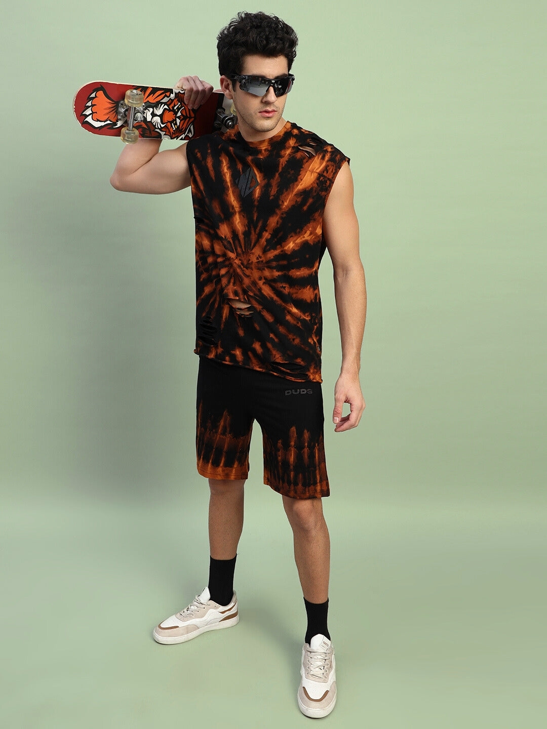 MUSCLE TEE RIPPED TIE-DYE CO-ORD SET (BLACK)