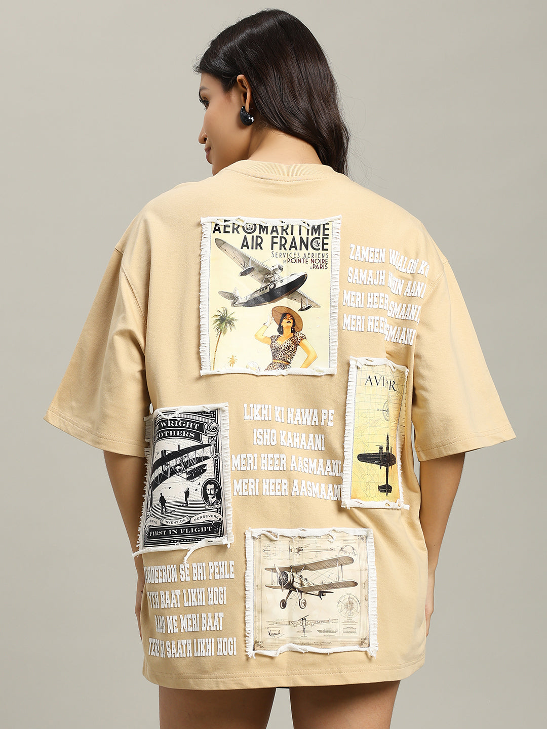 WOMEN'S AVAITOR DESIGNER OVER-SIZED T-SHIRT (BEIGE)
