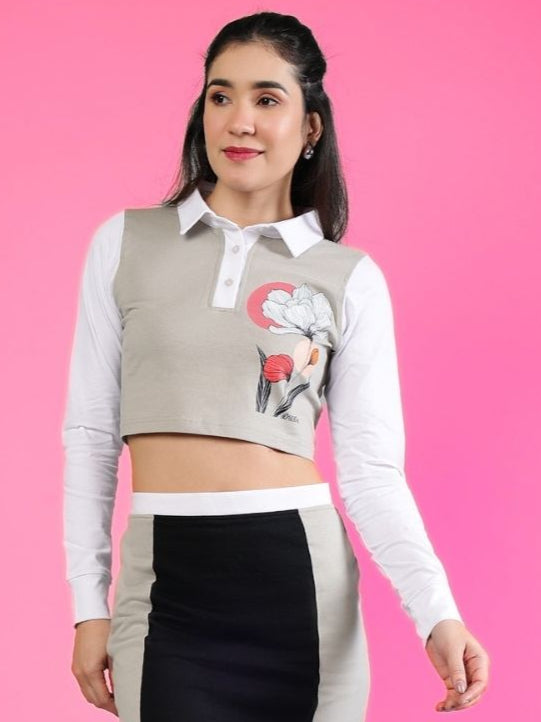 WOMEN'S FLORA REGULAR SLEEVES CROP TOP (GREY WHITE)