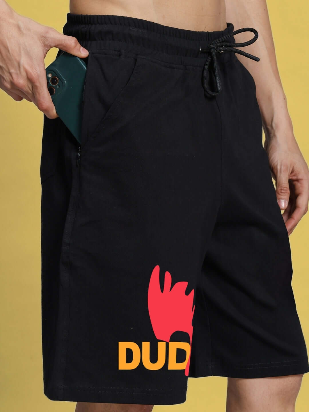 Black funny chicken summer shorts with custom fit option, featuring a playful chicken graphic and convenient phone pocket, by DUDS.