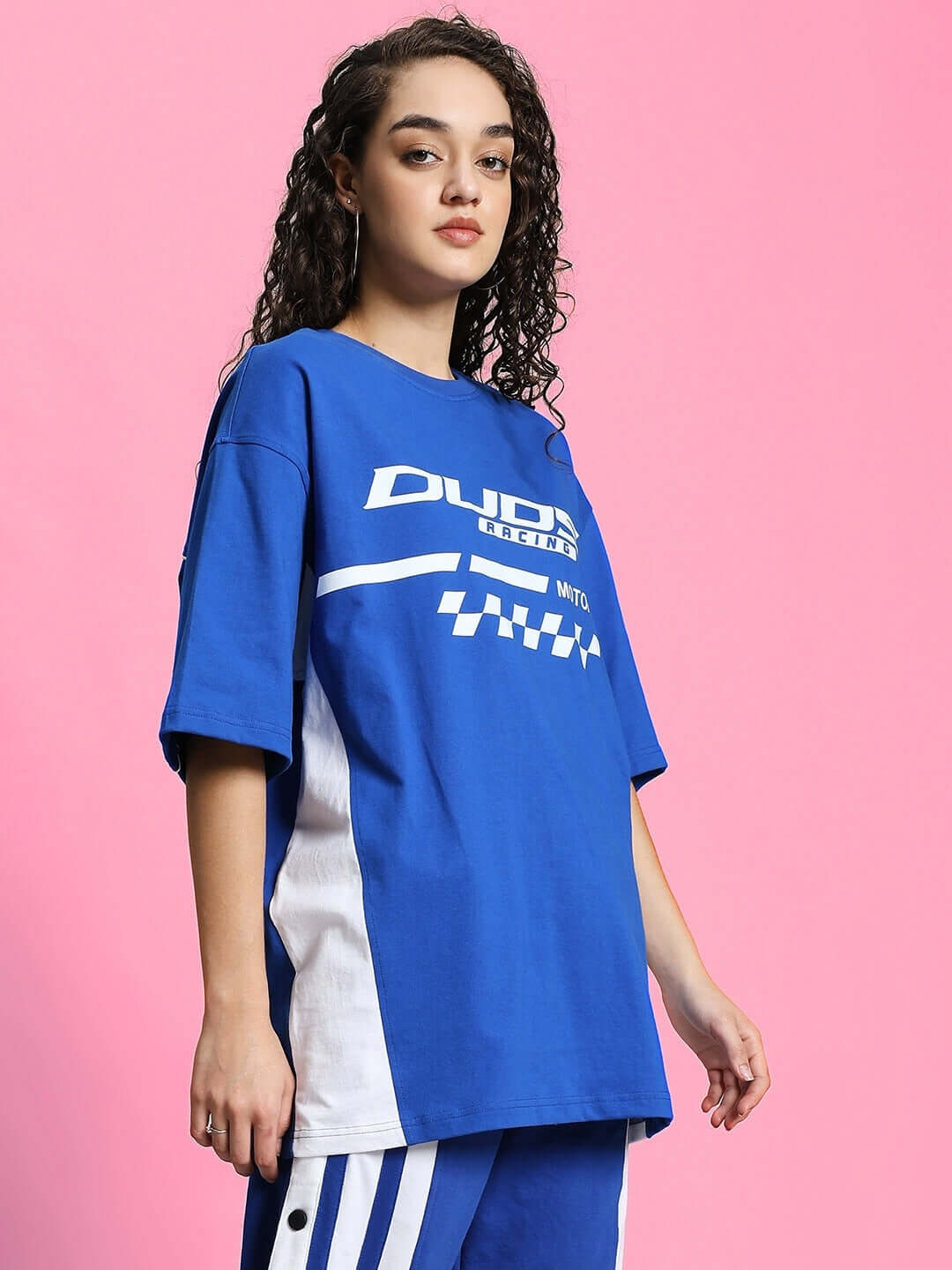 Women's Indy over-sized classic t-shirt in royal blue, 97% premium cotton, showcasing a checkered graphic design, perfect for casual style.