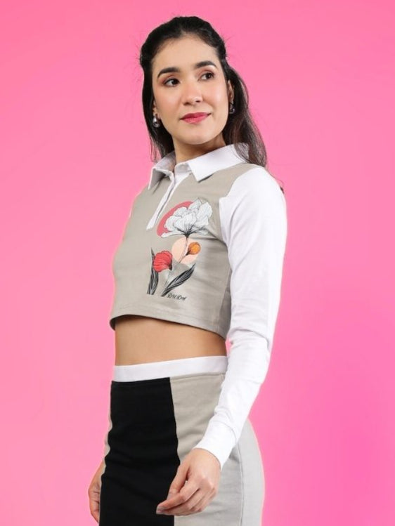 WOMEN'S FLORA REGULAR SLEEVES CROP TOP (GREY WHITE)