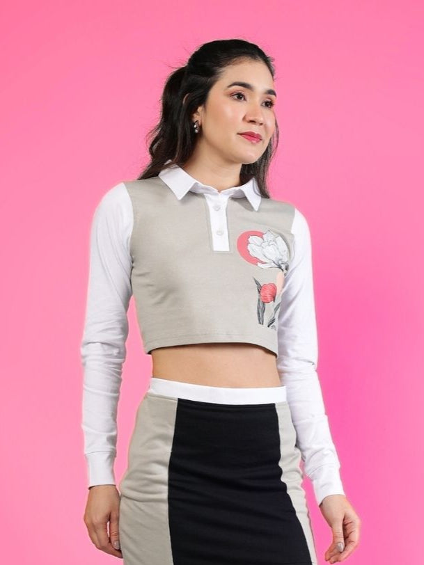 WOMEN'S FLORA REGULAR SLEEVES CROP TOP (GREY WHITE)