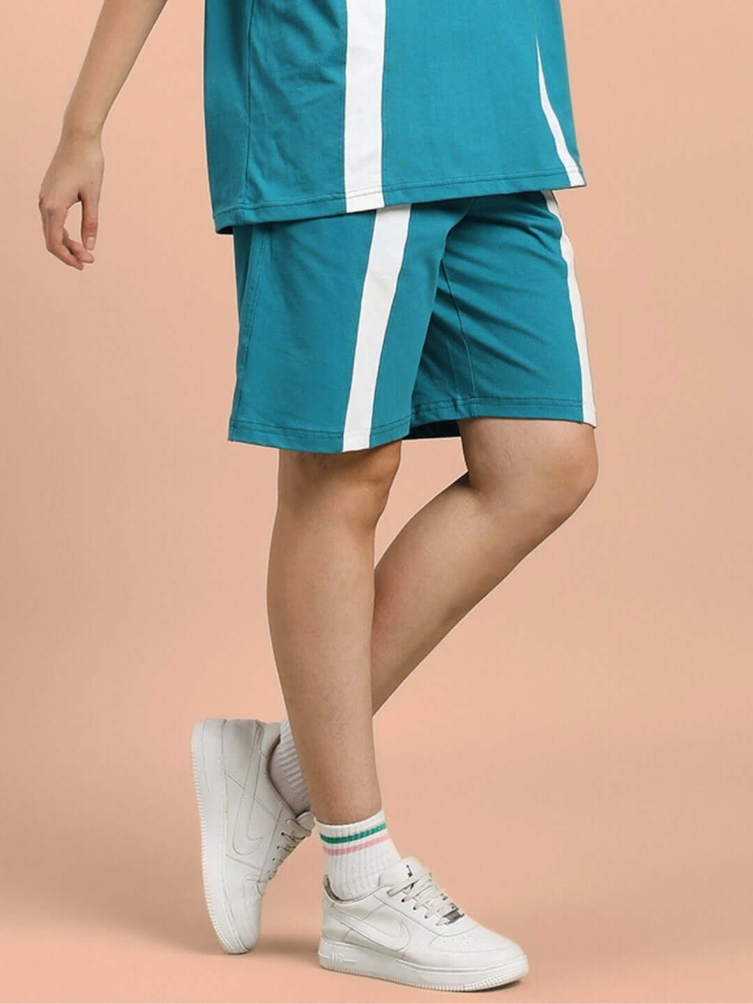 Women's teal wide-line regular fit shorts with white stripes, customizable in size, perfect for casual wear.