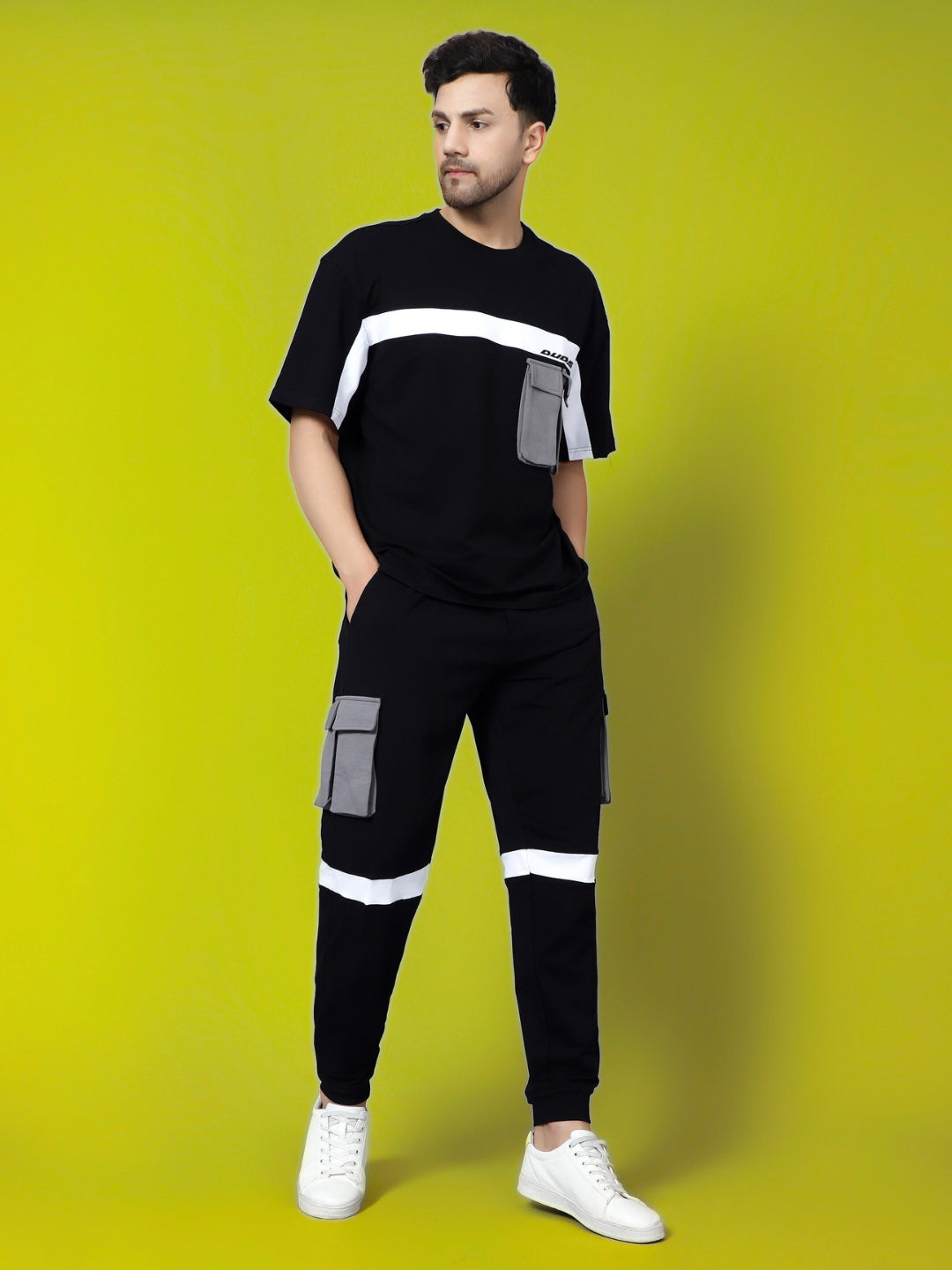 Co-Ord Set Cargo Pants with OS T-Shirt (Black With Grey Patch Pocket)