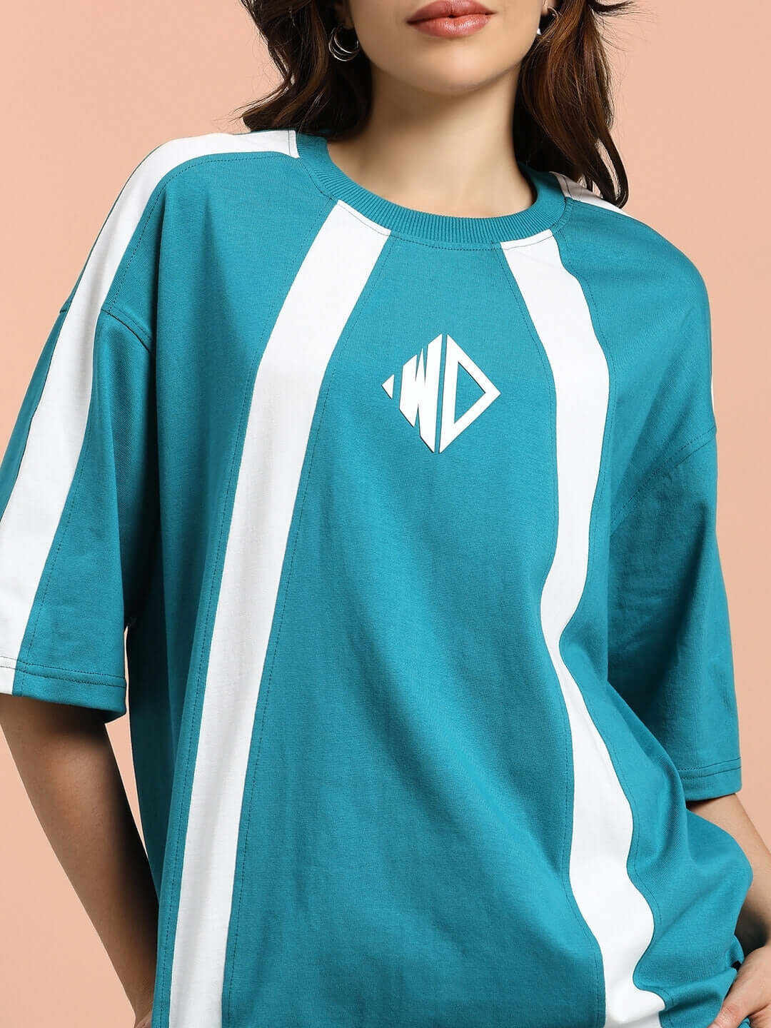 Teal women's oversized t-shirt with white stripes, soft premium cotton fabric, designed by Color By Colours.