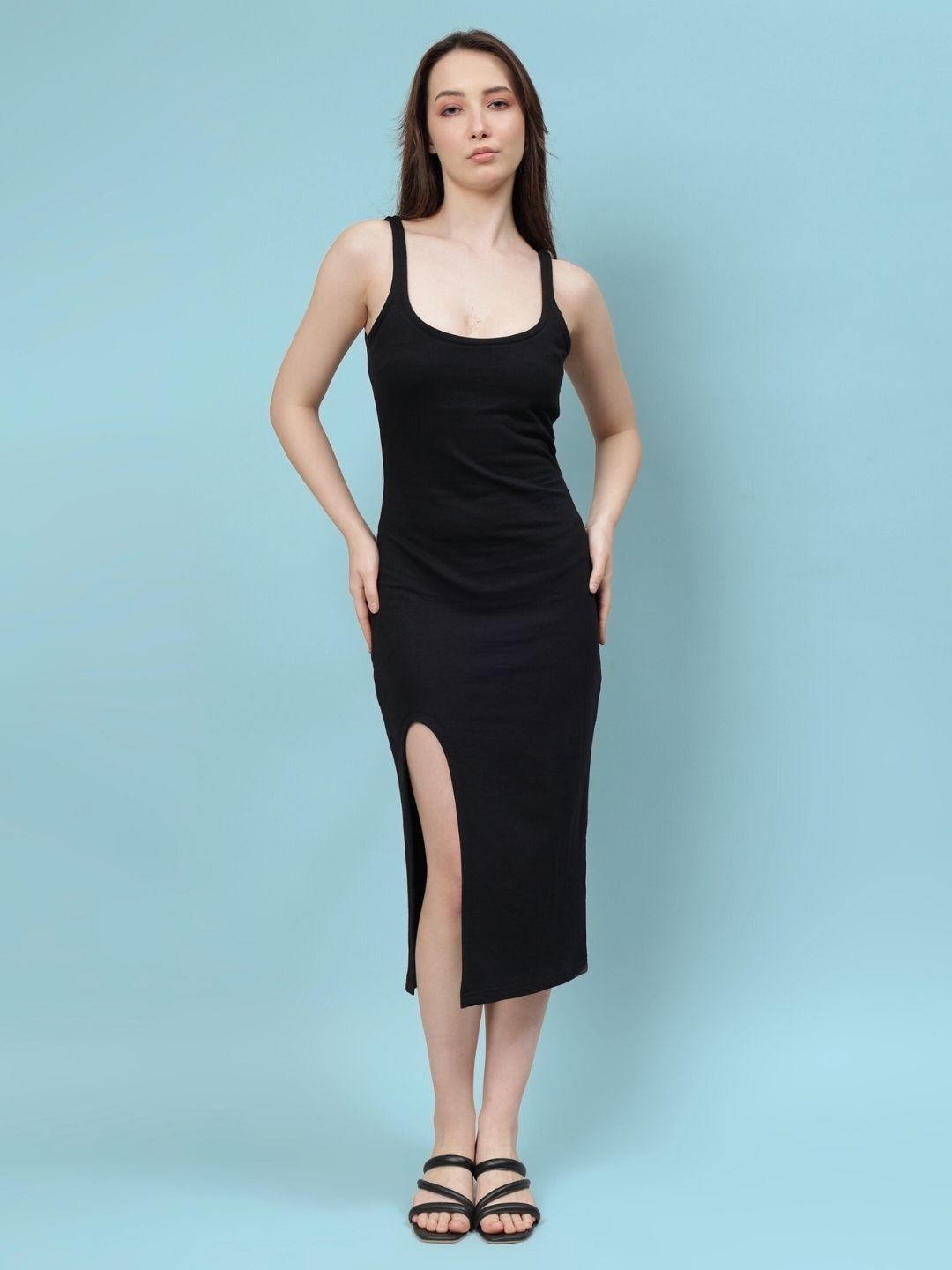 WOMEN'S BODYCON MIDI DRESS WITH THIGH-HIGH SLIT (BLACK)