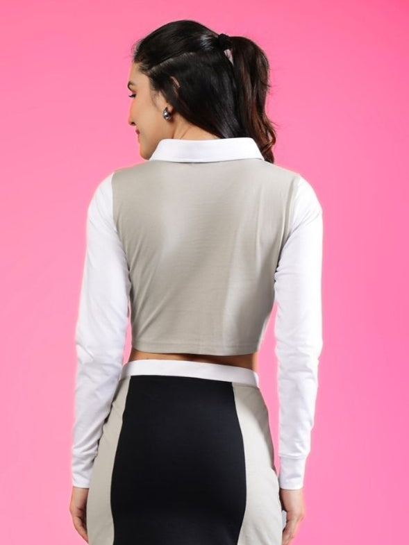WOMEN'S FLORA REGULAR SLEEVES CROP TOP (GREY WHITE)