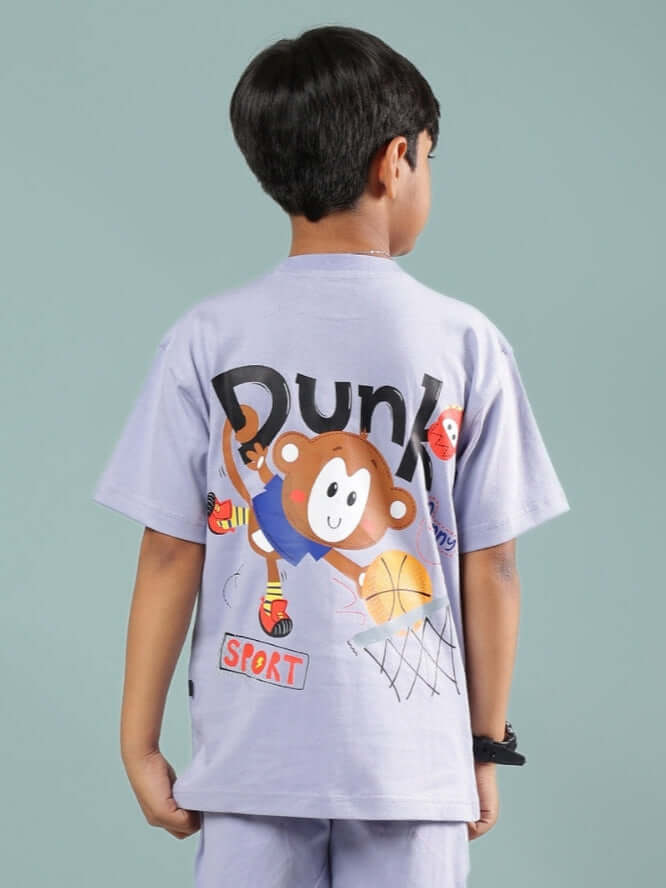 Child wearing SAMMY T-Shirt in lavender with cartoon basketball print for boys and girls, made to order by DUDS.