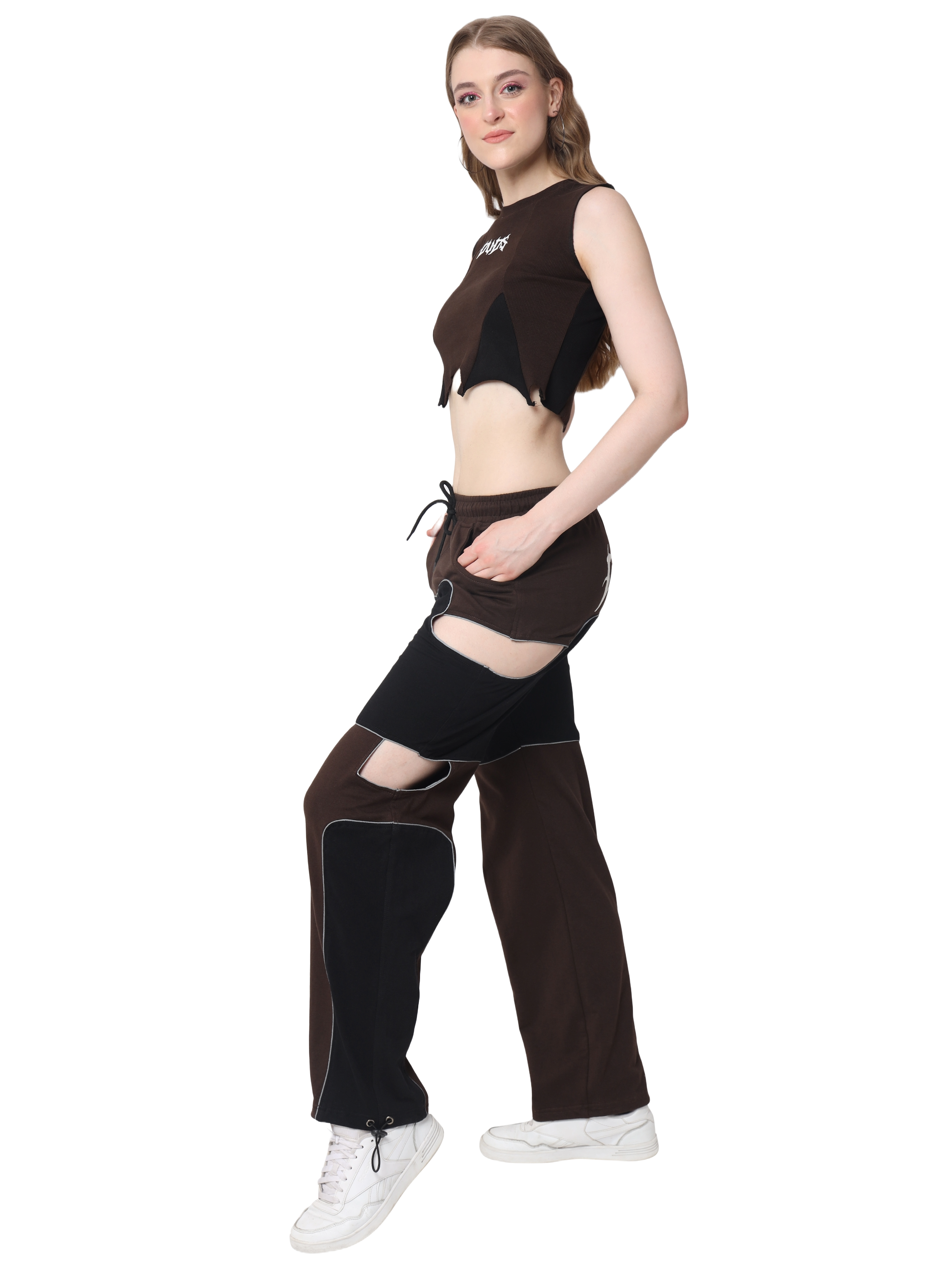 Co-Ord Set with Ribbed Crop-Top and Reflector Pants (Brown) - Wearduds