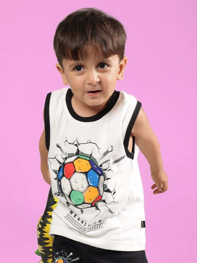 Child wearing off-white Lazio T-shirt with a colorful soccer ball design, made for boys and girls. Customizable size available. Shipping takes 7-10 days.
